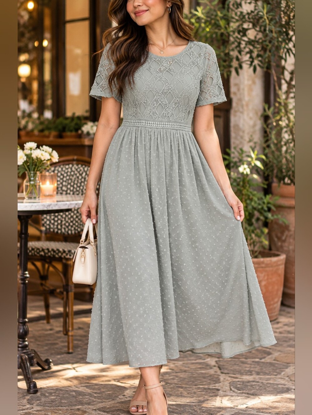 tea n rose Sage Green Lace Bodice Midi lined Dress size L